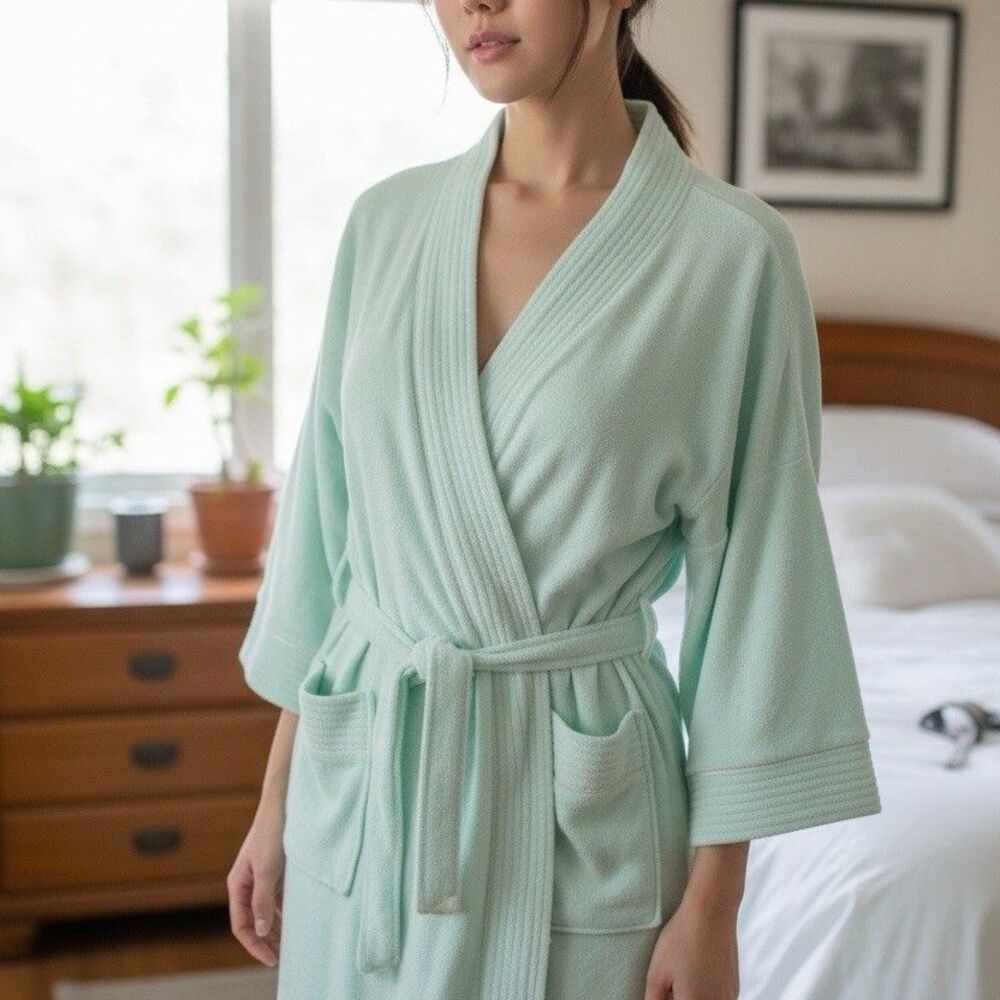 Vanity Fair Robe Womens XL Mint Green Waffle Knit Kimono Belted Pockets